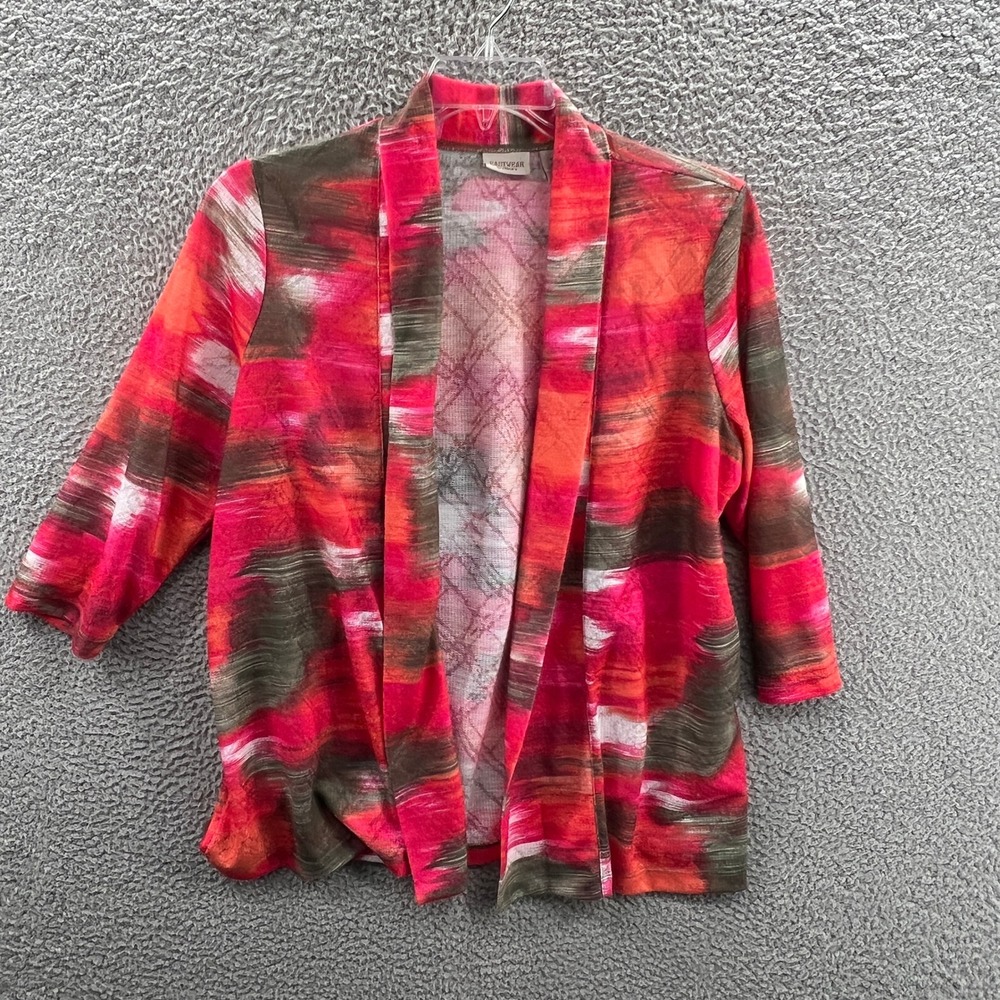 Chicos Womens Cardigan L Red Artsy Watercolor Abstract Lightweight Fall Layering